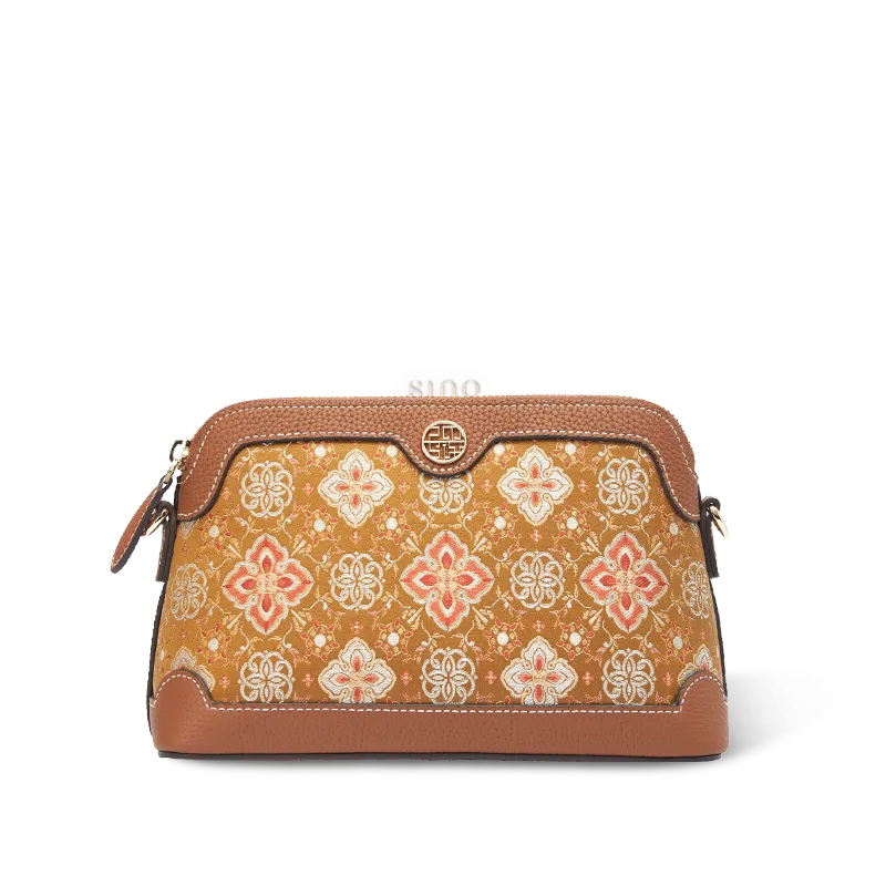 Chinoiserie Luxury Shu Brocade Persimmon Calyx Motif clutch bag on white background, front view.