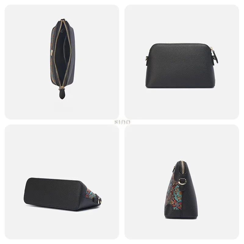 Four-panel detail image of the Curled Lotus clutch bag showing capacity, back, bottom, and side views.