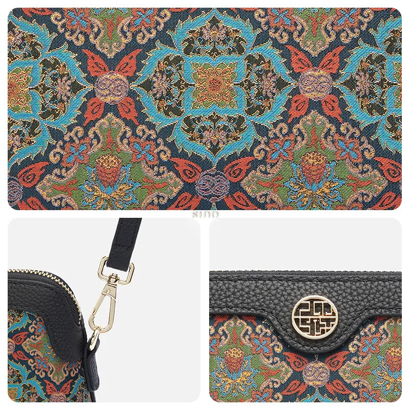 Three-panel detail image of the Curled Lotus clutch bag showing brocade pattern, hardware strap, logo, and leather texture.