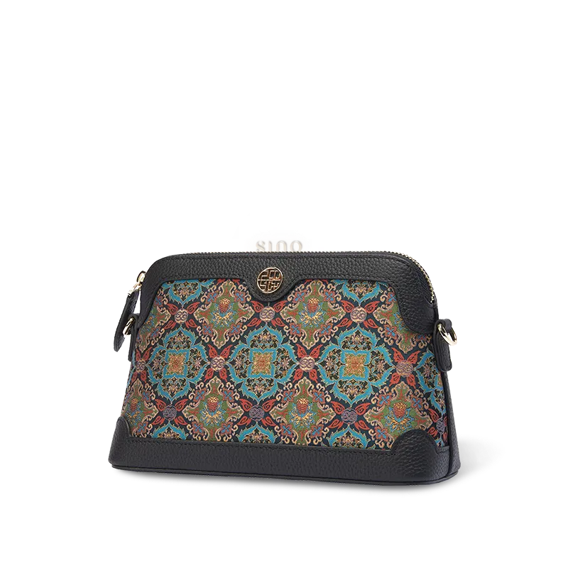 Side view of the Chinoiserie Luxury Song Brocade Curled Lotus clutch bag on white background.