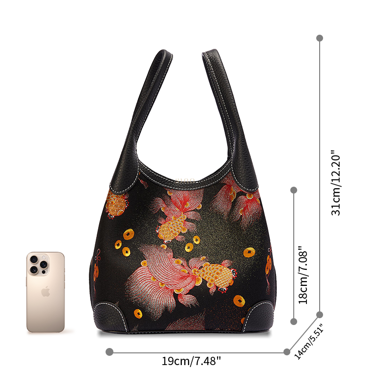 Size reference image of the Chinoiserie Luxury Song Brocade Golden Carp Leather Basket Tote Bag, shown with a phone for scale and daily capacity.