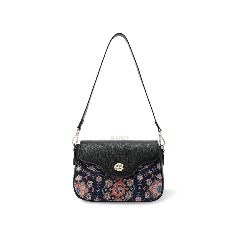 Ink-green mulberry silk crossbody with Song Brocade Baoxiang motif.