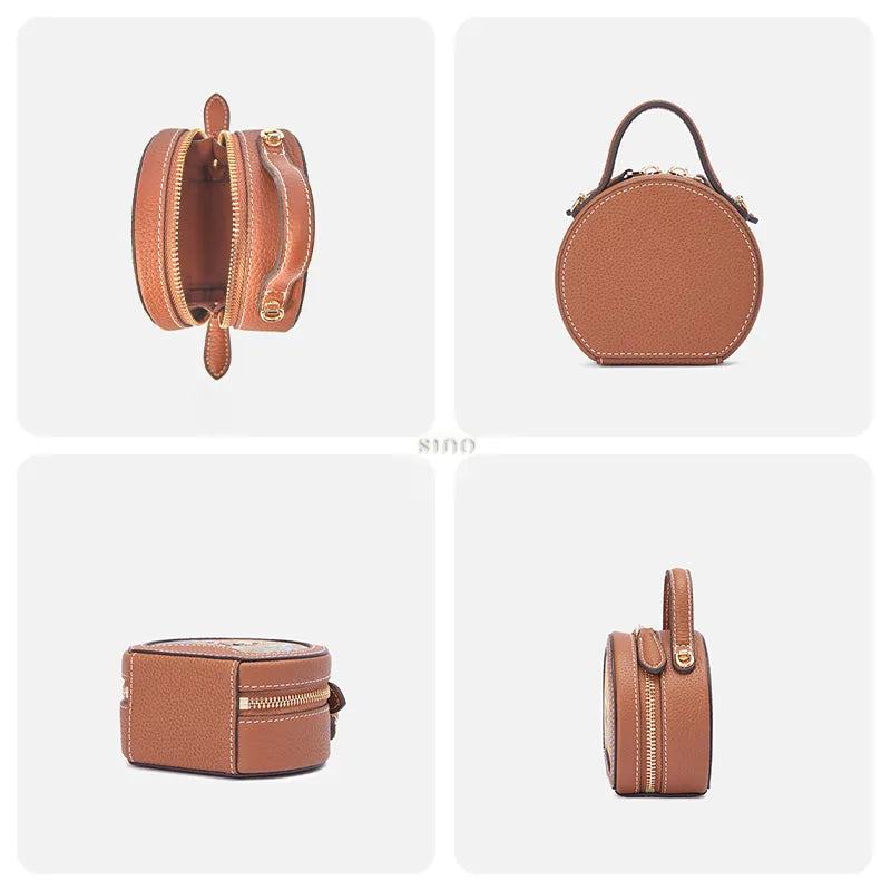 Four-panel detail image of the mini round bag showing capacity, back, bottom, and side views.