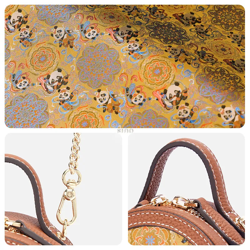 Three-panel detail image of the mini round bag showing Joyful Panda brocade, hardware chain strap, and leather top handle.
