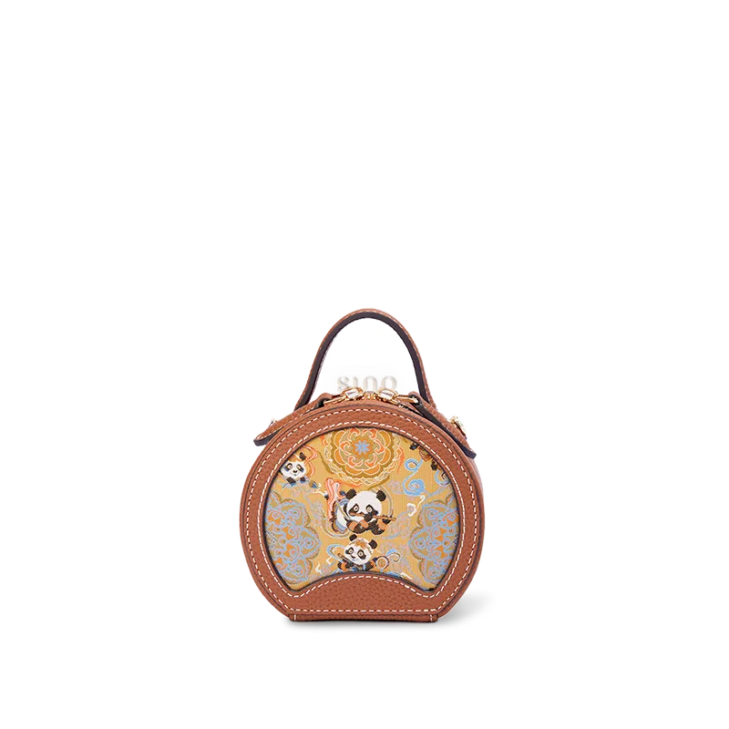 Chinoiserie Luxury Song Brocade Joyful Panda Motif mini round bag on white background, front view.