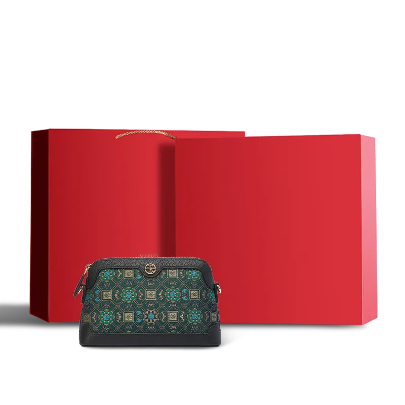 Chinoiserie Luxury Song Brocade Lotus & Bat Motif clutch bag in a red gift box.