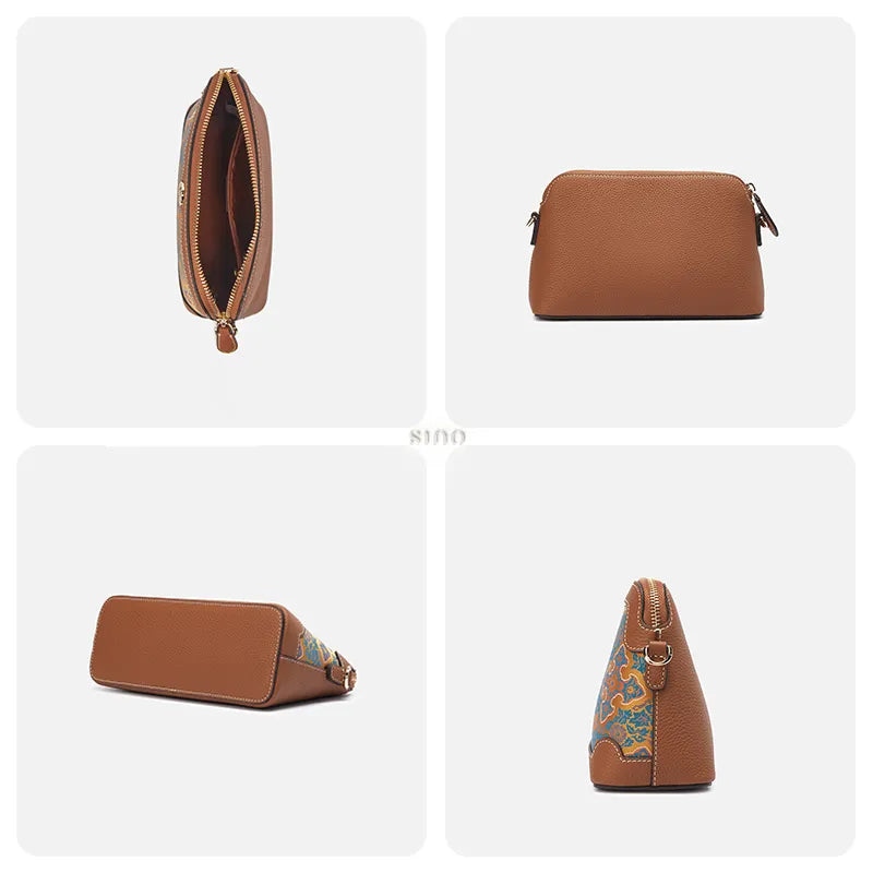 Four-panel detail image of the Ruyi Motif clutch bag showing capacity, back, bottom, and side views.