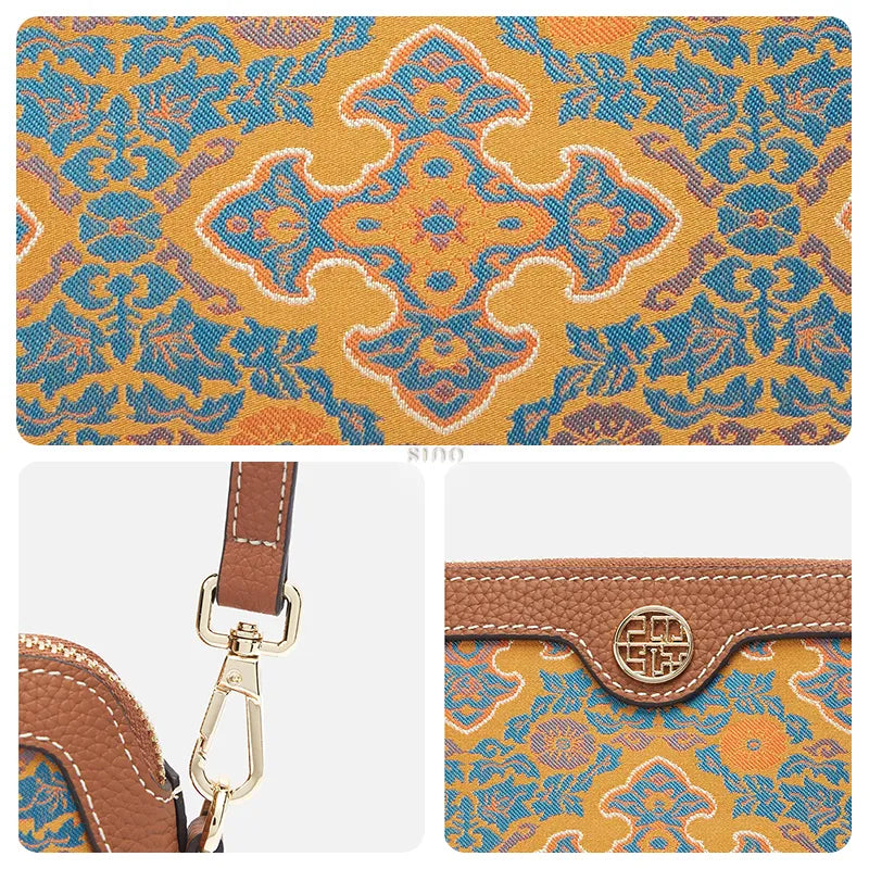 Three-panel detail image of the Ruyi Motif clutch bag showing brocade pattern, hardware strap, logo, and leather texture.