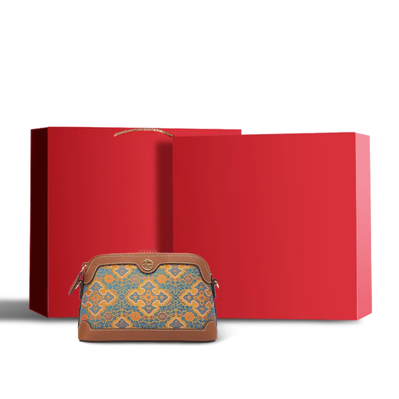 Chinoiserie Luxury Song Brocade Ruyi Motif clutch bag in a red gift box.