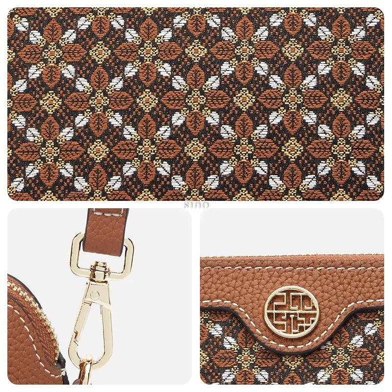 Three-panel detail image of the Osmanthus Motif clutch bag showing brocade pattern, hardware strap, logo, and leather texture.