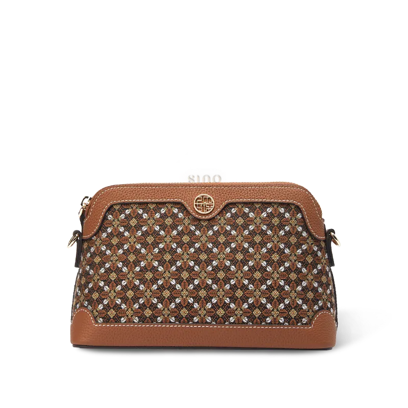 Chinoiserie Luxury Zhuang Brocade Osmanthus Motif clutch bag on white background, front view.