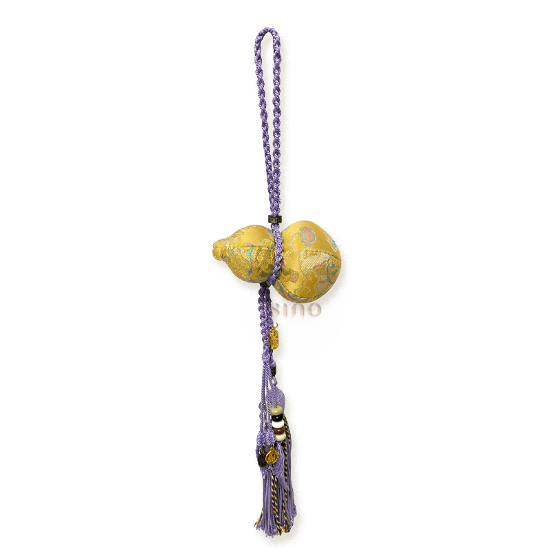 Golden Nanjing Yunjin brocade Hulu long tassel bag charm with a braided purple cord, decorative beads, and hanging tassel details.