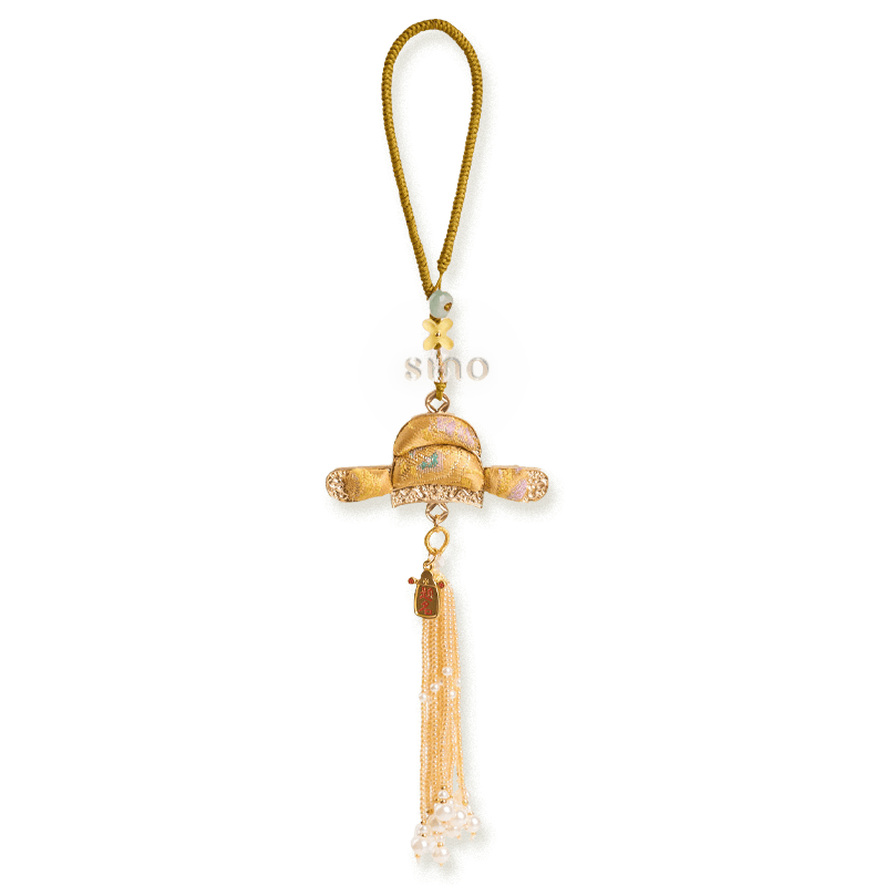 Golden Nanjing Yunjin brocade Imperial Scholar Hat long tassel bag charm with gold-toned trim, hanging cord, and beaded tassel.