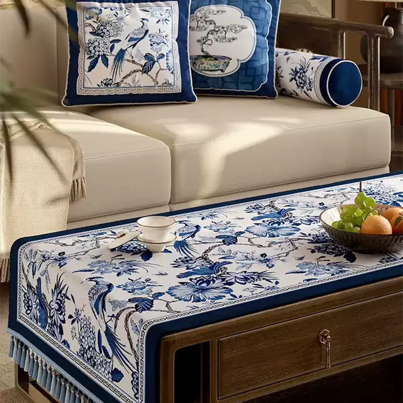 Top view of blue and white porcelain floral bird pattern.