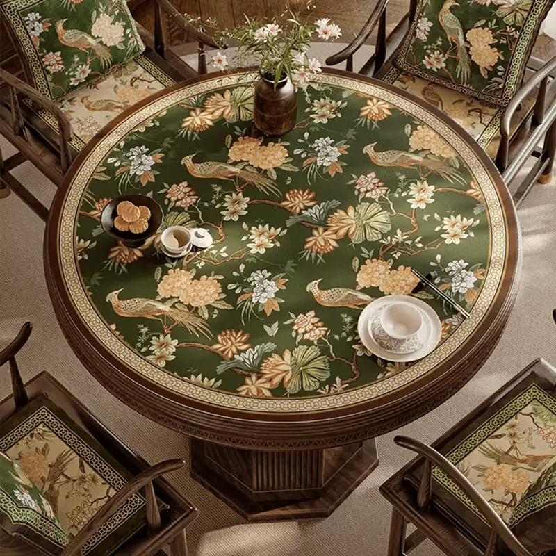 Chinoiserie Round Leather Placemat – Vintage Floral Dining Mat - SinoCultural -- TM063A50