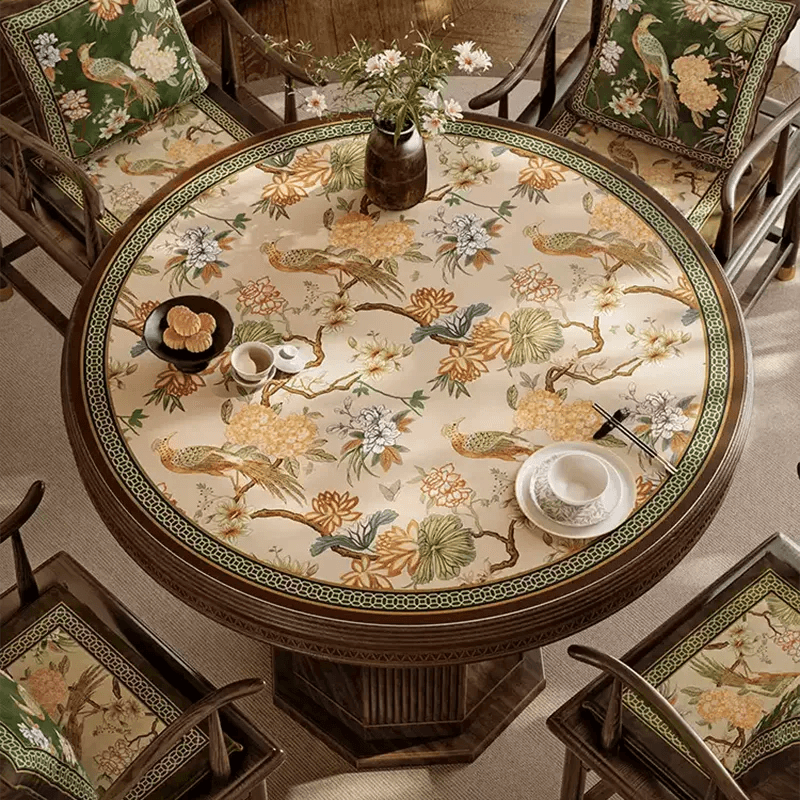 Chinoiserie Round Leather Placemat – Vintage Floral Dining Mat - SinoCultural -- TM063A50