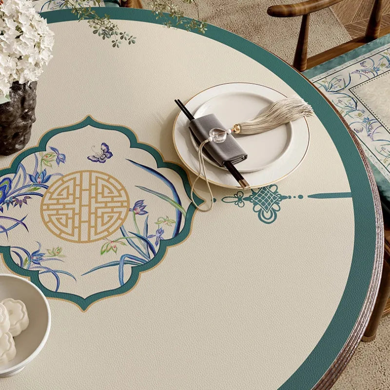 Chinoiserie round leather table mat for dining table decor.