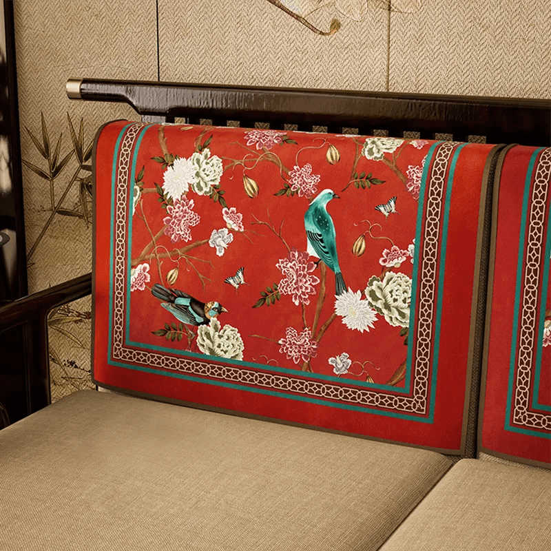 Chinoiserie Royal Red Magpie & Hydrangea Sofa Slipcover - SinoCultural -- S0C002A9090