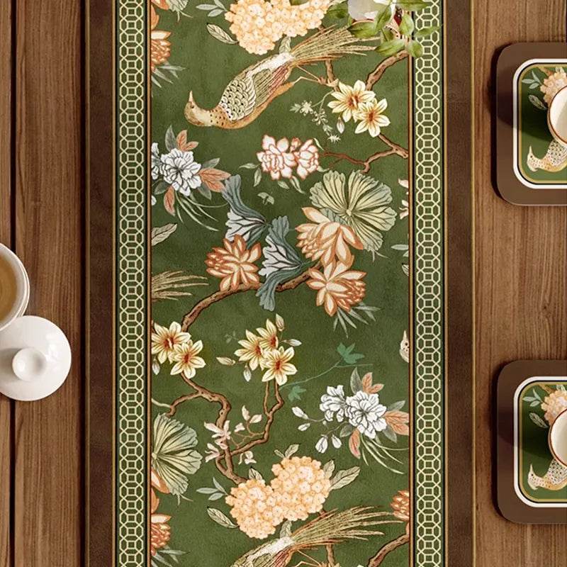 Chinoiserie Floral Table Runner - Cyanine Green Vintage Tea Party Decor - SinoCultural -- TRO30A160 -