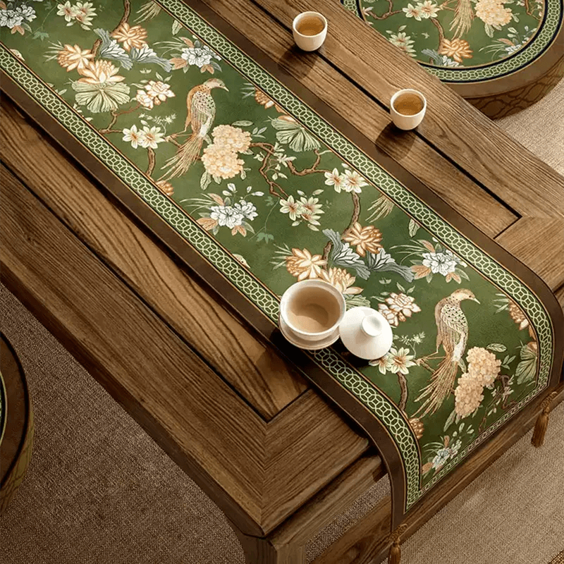 Chinoiserie Floral Table Runner - Cyanine Green Vintage Tea Party Decor - SinoCultural -- TRO30A160 -