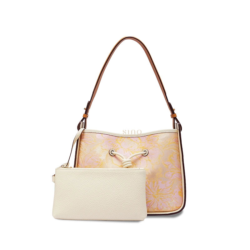 Peony Dream Shu Brocade shoulder bag for women with top-grain leather and matching pouch, front view.