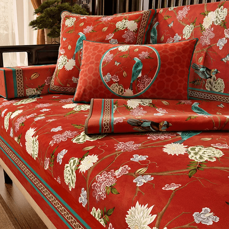 Chinoiserie Royal Red Magpie & Hydrangea Sofa Slipcover - SinoCultural -- S0C002A9090