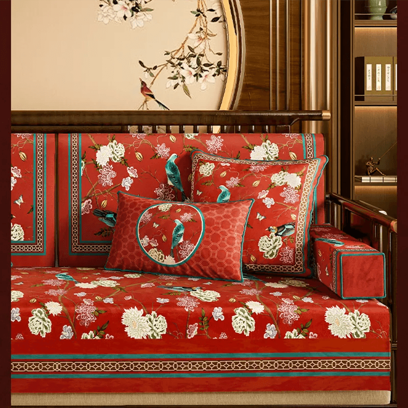 Chinoiserie Royal Red Magpie & Hydrangea Sofa Slipcover - SinoCultural -- S0C002A9090