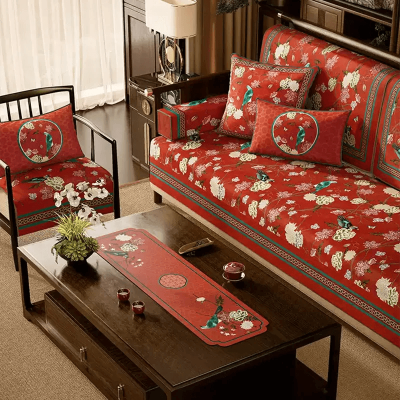 Chinoiserie Royal Red Magpie & Hydrangea Sofa Slipcover - SinoCultural -- S0C002A9090