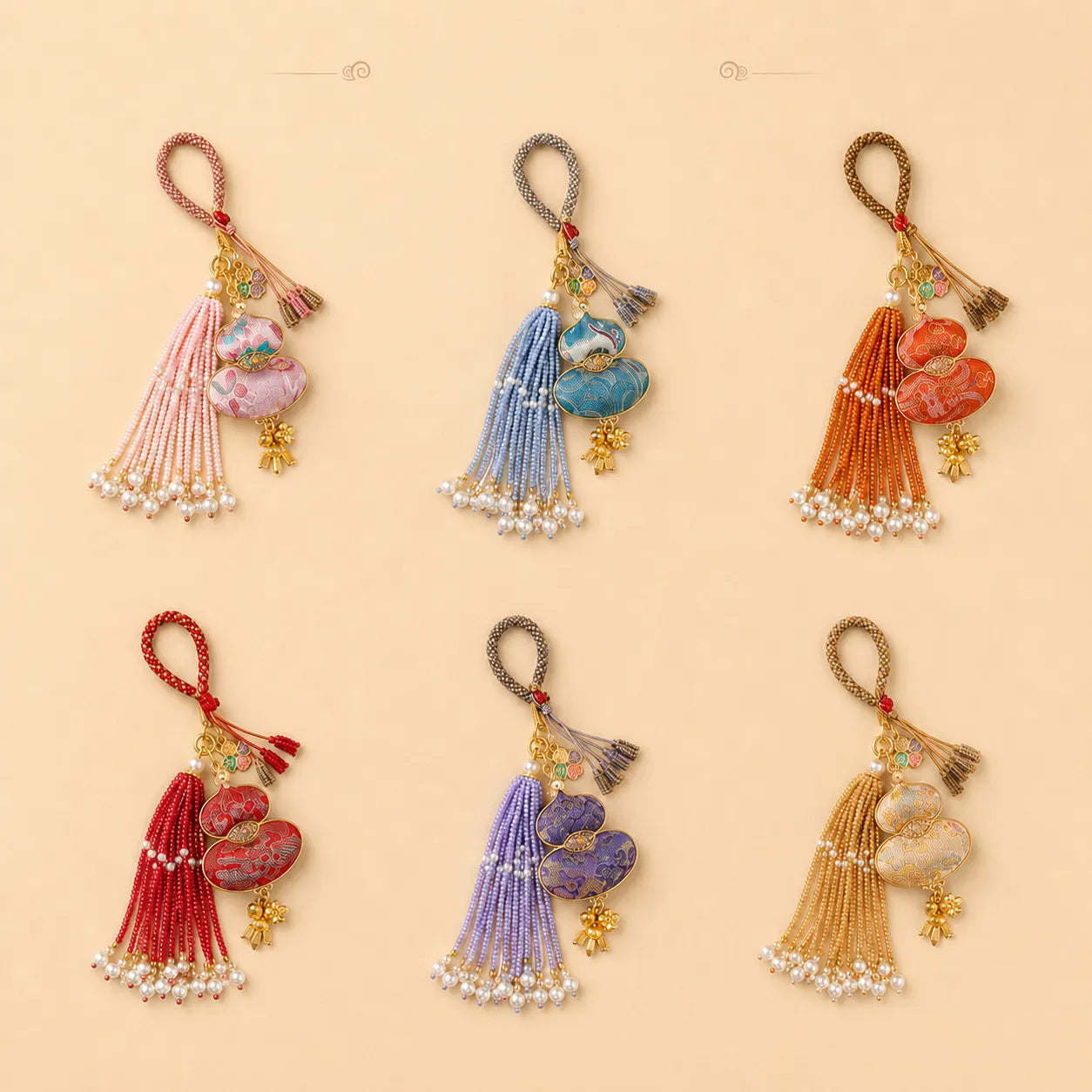 Overview of six colorways of the Chinoiserie Song Brocade auspicious hulu pearl tassel bag charm, featuring pink, blue, orange, red, purple, and gold styles.