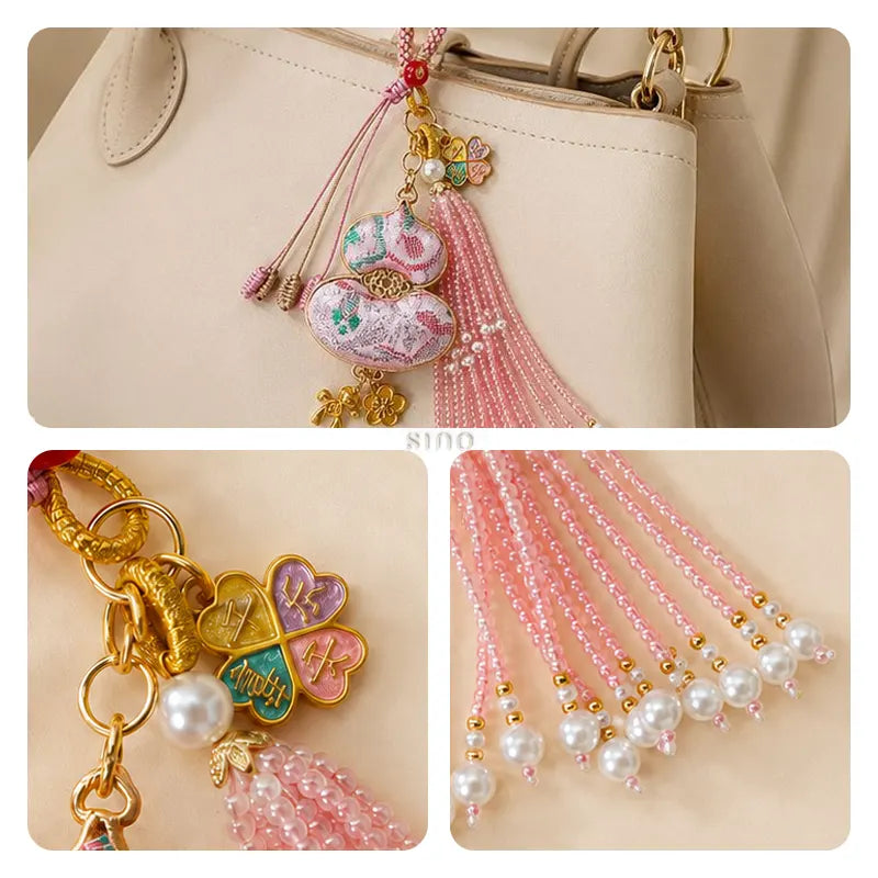 Detail collage of the pink Chinoiserie Song Brocade auspicious hulu pearl tassel bag charm, showing the bag display, clover charm, and pearl tassel details.