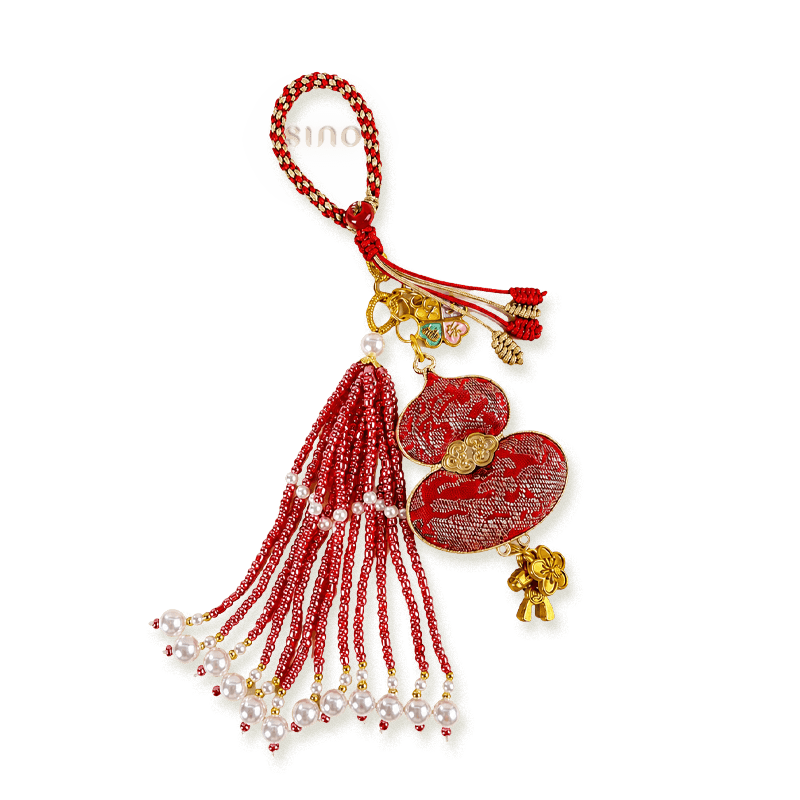 Red Chinoiserie Song Brocade auspicious hulu pearl tassel bag charm with gold-tone hardware, pearl tassels, and decorative lucky charms.