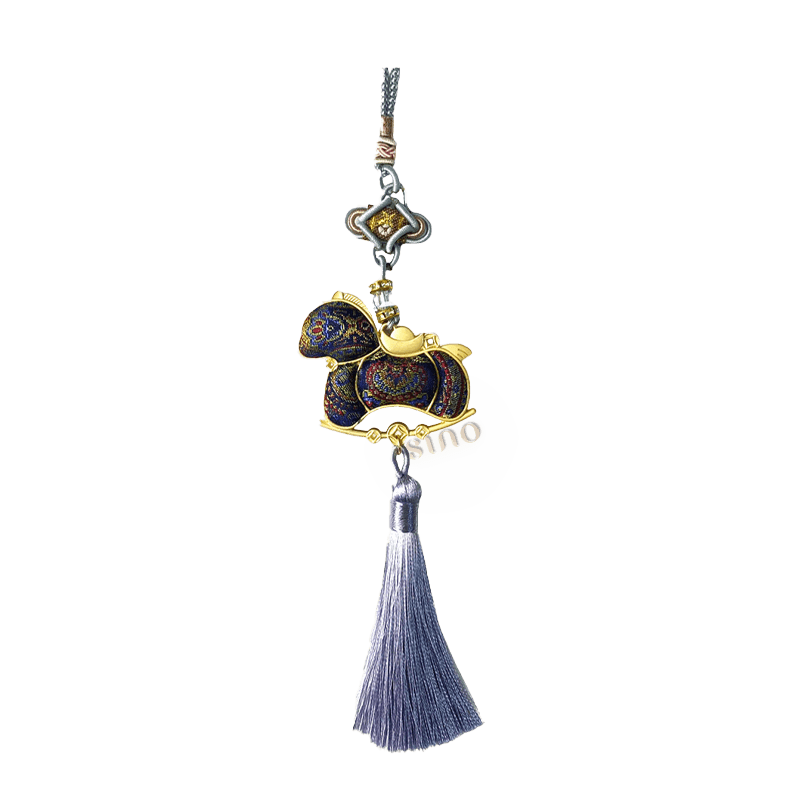 Blue Song brocade wish-fulfilling Ruyi horse bag charm with gold-toned metalwork, an auspicious knot, and a long silver-gray tassel.