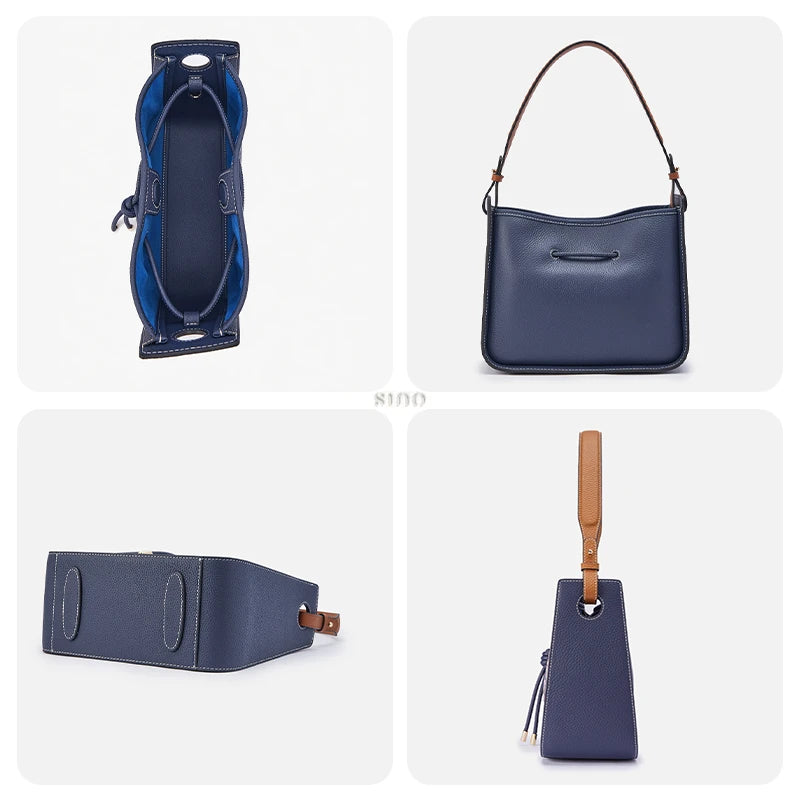 Moonlit Splendor large shoulder bag details showing the interior, leather back, structured base, and side profile.