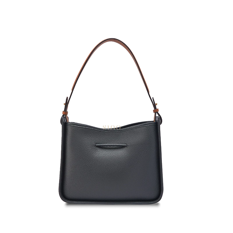 Black leather shoulder bag for women, back view showing the clean structured finish and shoulder strap.