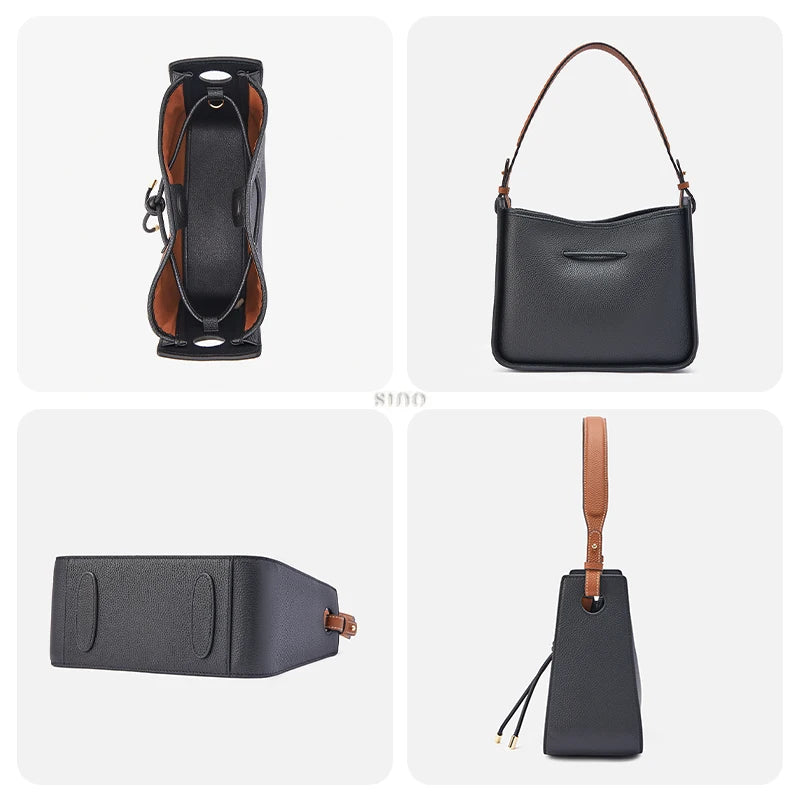 Peacock Prosperity large shoulder bag details showing the interior, black leather back, structured base, and side profile.