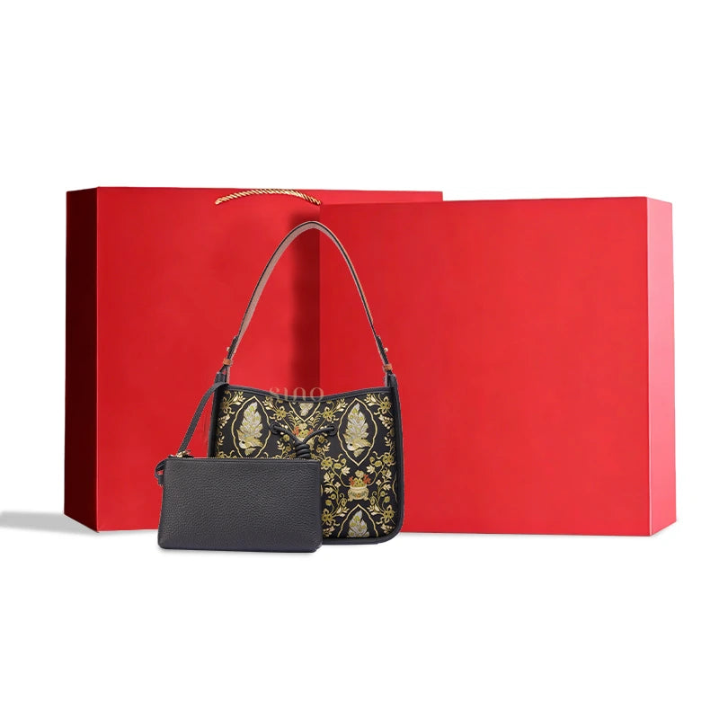 Chinoiserie Song Brocade shoulder bag with matching pouch and gift box, a distinctive Chinese-inspired gift for women.