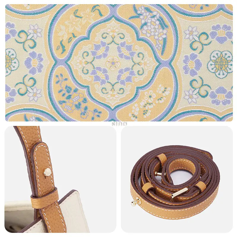 Close-up of the Seasonal Grace Song Brocade motif, leather shoulder strap, and hardware details on this Chinese brocade handbag.