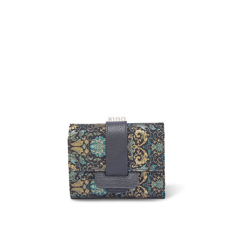 Chinoiserie Song Brocade Wallet - Black Banana Leaf & Lotus Pattern Front View.