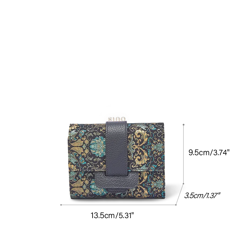 Chinoiserie Song Brocade Wallet - Black Banana Leaf & Lotus Pattern - Size: 13.5×3.5×9.5 cm.