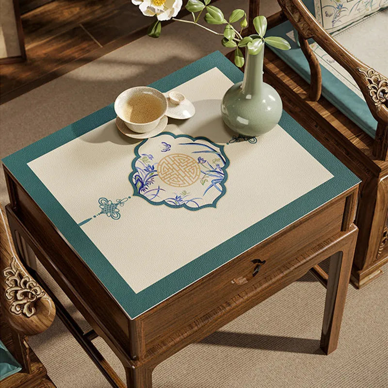 Chinoiserie summer blue leather nightstand protector mat.