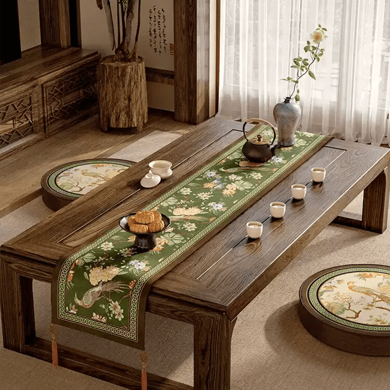 Chinoiserie Floral Table Runner - Cyanine Green Vintage Tea Party Decor - SinoCultural -- TRO30A160