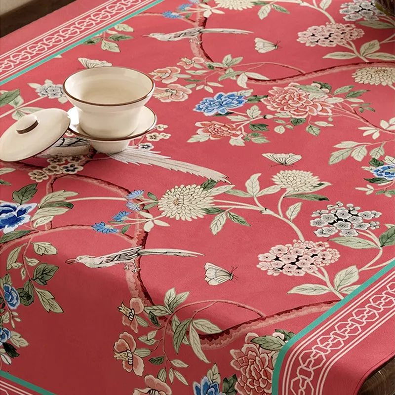 Close-up of Chinoiserie bird-and-flower embroidery.
