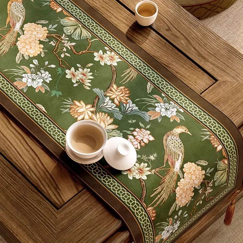 Chinoiserie Floral Table Runner - Cyanine Green Vintage Tea Party Decor - SinoCultural -- TRO30A160 -