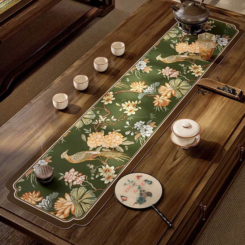 Chinoiserie Tea Table Runner Vintage Leather Mountain Hydrangea Mat - SinoCultural -- TM062C2550
