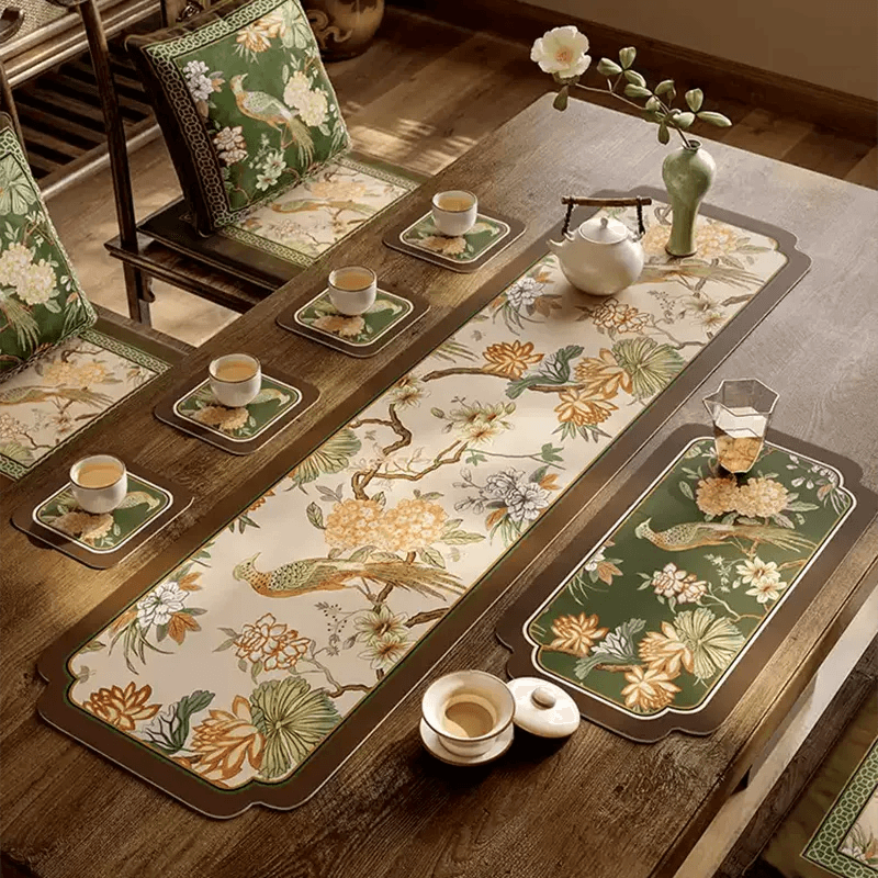 Chinoiserie Tea Table Runner Vintage Leather Mountain Hydrangea Mat - SinoCultural -- TM062C2550