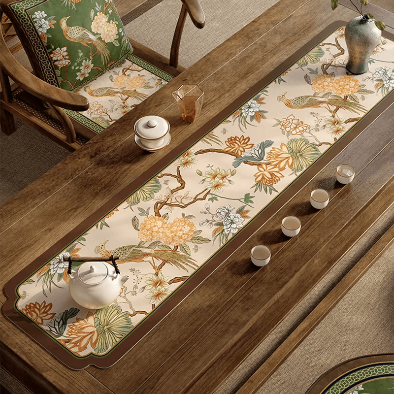 Chinoiserie Tea Table Runner Vintage Leather Mountain Hydrangea Mat - SinoCultural -- TM062C2550