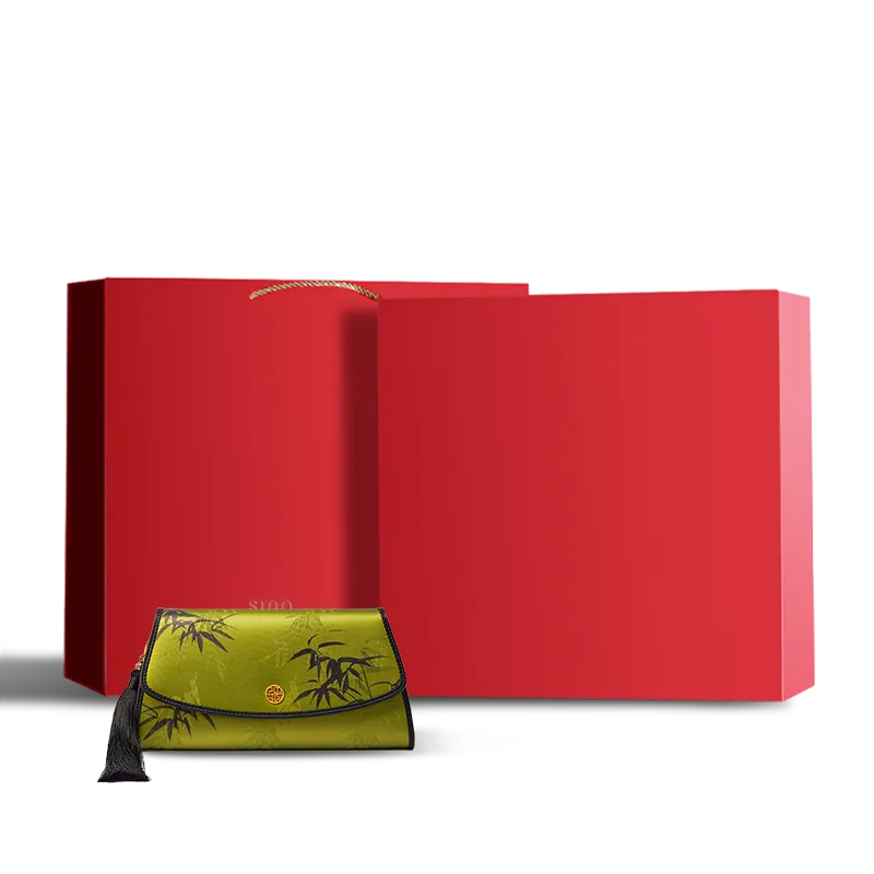 Chinoiserie Vintage Bamboo Silk Clutch in Red Gift Box.