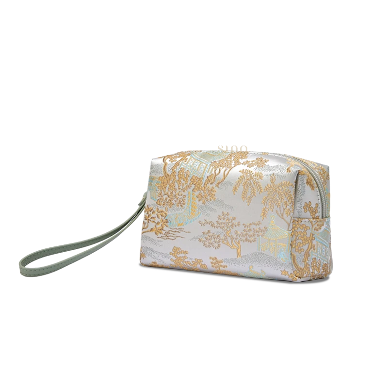 Light gray vintage brocade clutch wallet for women, side view with wrist strap and compact everyday design.