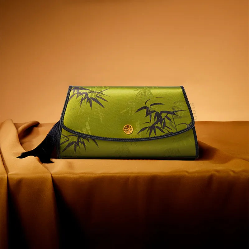 Vintage Green Chinoiserie Bamboo Clutch on Display Stand.