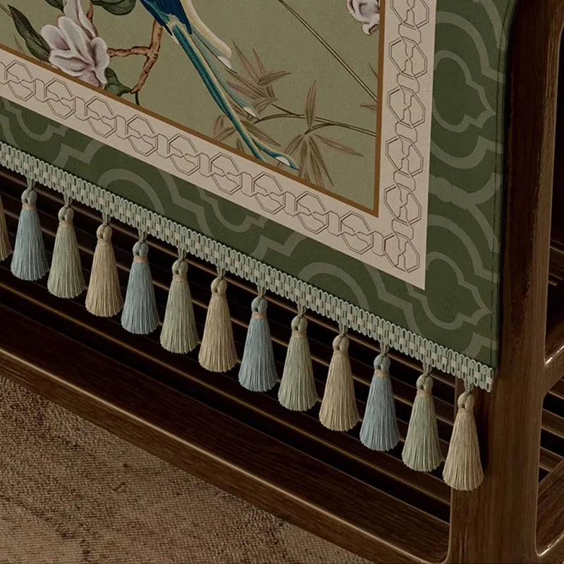 Handmade tassel fringe detail on chinoiserie vintage jade green tablecloth.